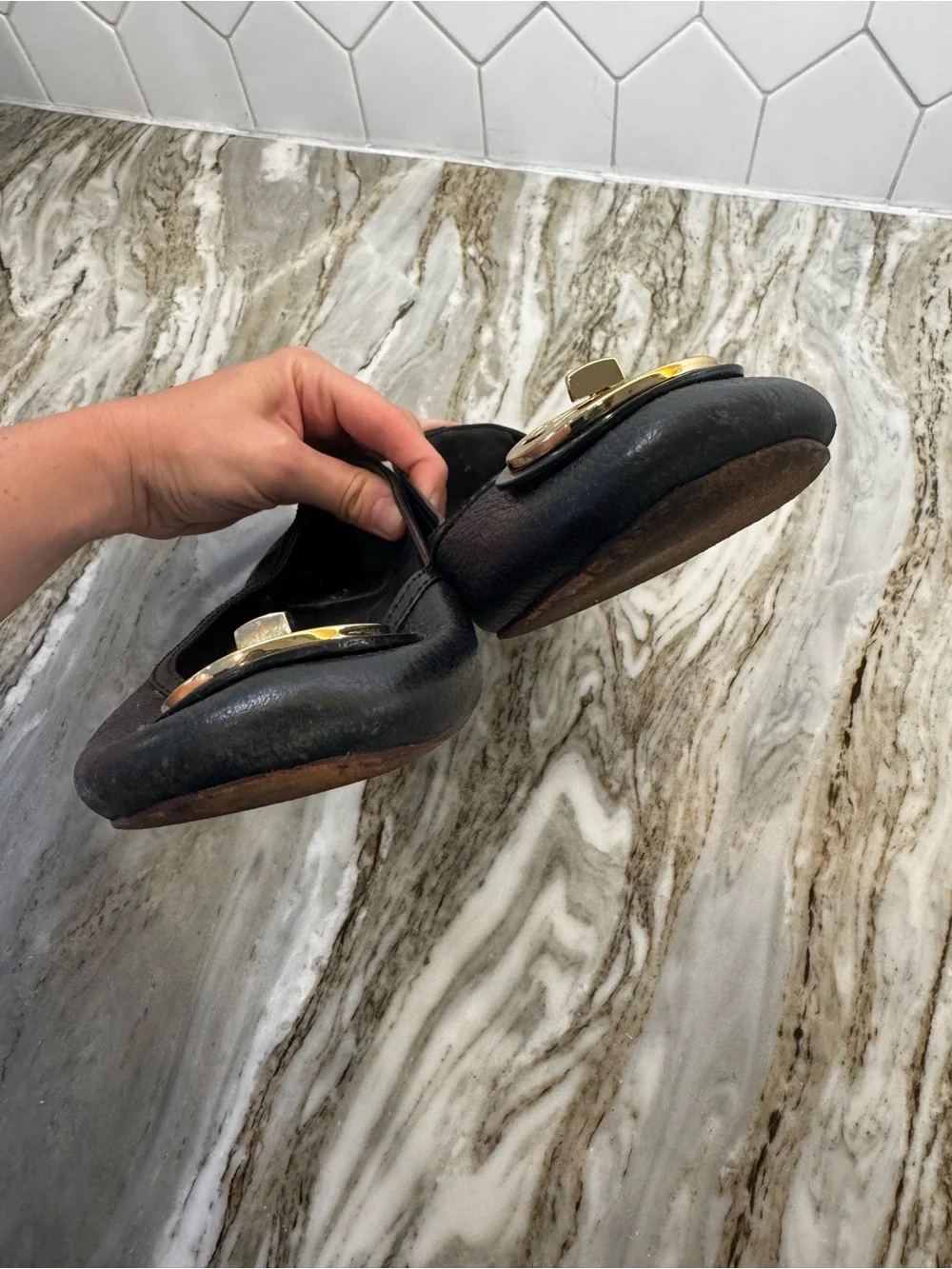 Tory Burch Black Leather Ballet Flats with Gold Logo Medallion